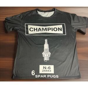 Champion Spark Plugs Black & Yellow T-shirt NHRA Hot Rod Drag Racing Tee Pin Up